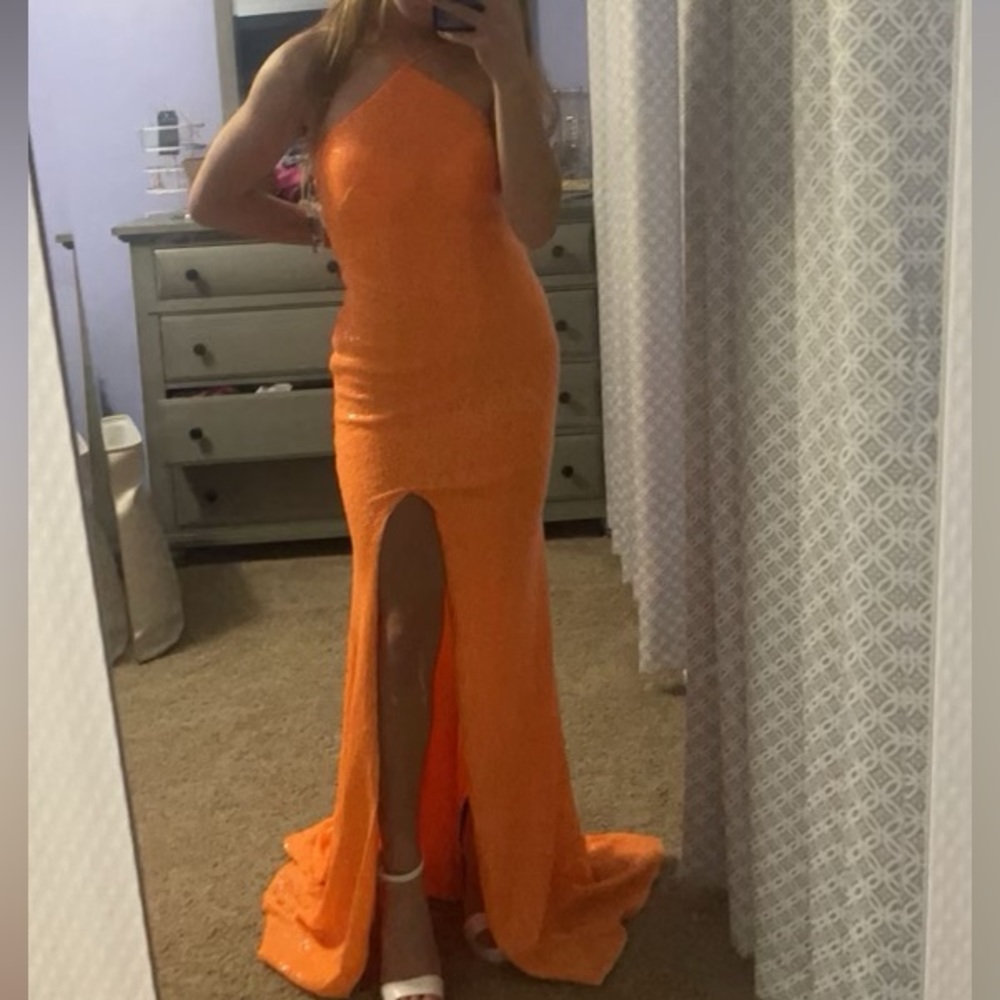 Prom Dress size 0 BLUSH brand. Orange sequins
